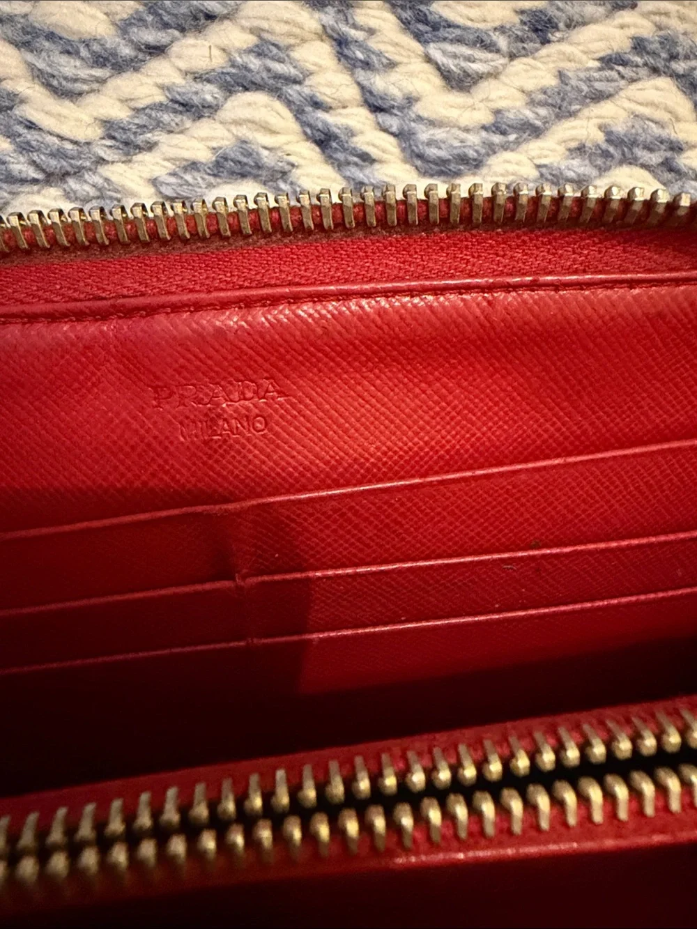 Prada Red Leather Zip-Around Wallet with Gold Logo